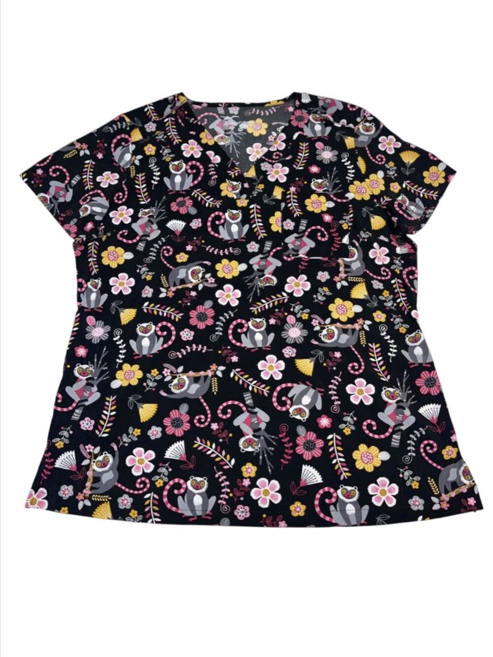Butter Soft Women's Medium Black Pink Floral Lemur Stretch Scrub Top Shirt Nurse